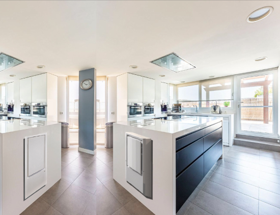 Open kitchen with natural showcasing the versatile IW25-4 Dehumidifier installed in kitchen island